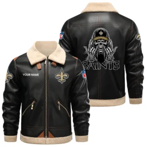 New Orleans Saints PU Leather Fleece-Lined Bomber Jacket Winter Warm Coat Personalized Name