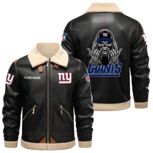 New York Giants PU Leather Fleece-Lined Bomber Jacket Winter Warm Coat Personalized Name