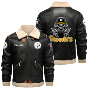Pittsburgh Steelers PU Leather Fleece-Lined Bomber Jacket Winter Warm Coat Personalized Name