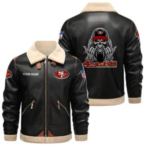 San Francisco 49ers PU Leather Fleece-Lined Bomber Jacket Winter Warm Coat Personalized Name