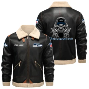 Seattle Seahawks PU Leather Fleece-Lined Bomber Jacket Winter Warm Coat Personalized Name
