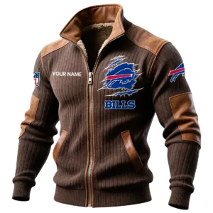 Buffalo Bills Ribbed Knit Zip-Up Jacket With Leather Accents Custom Name