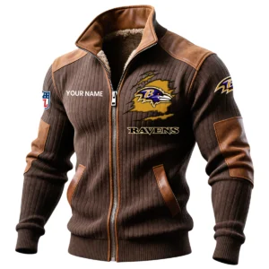 Baltimore Ravens Ribbed Knit Zip-Up Jacket With Leather Accents Custom Name