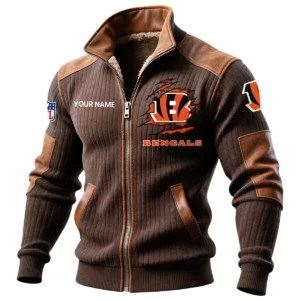 Cincinnati Bengals Ribbed Knit Zip-Up Jacket With Leather Accents Custom Name