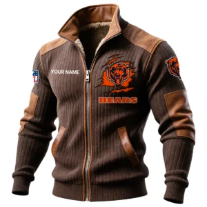 Chicago Bears Ribbed Knit Zip-Up Jacket With Leather Accents Custom Name