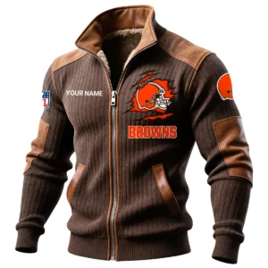 Cleveland Browns Ribbed Knit Zip-Up Jacket With Leather Accents Custom Name