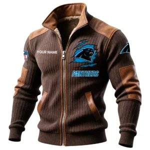 Carolina Panthers Ribbed Knit Zip-Up Jacket With Leather Accents Custom Name