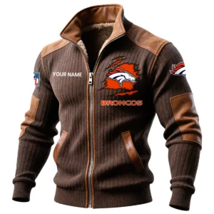 Denver Broncos Ribbed Knit Zip-Up Jacket With Leather Accents Custom Name