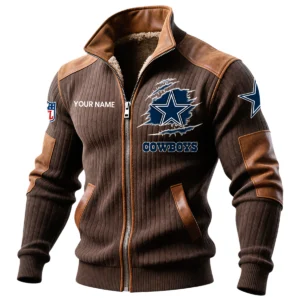 Dallas Cowboys Ribbed Knit Zip-Up Jacket With Leather Accents Custom Name