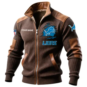 Detroit Lions Ribbed Knit Zip-Up Jacket With Leather Accents Custom Name