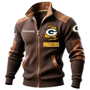 Green Bay Packers Ribbed Knit Zip-Up Jacket With Leather Accents Custom Name