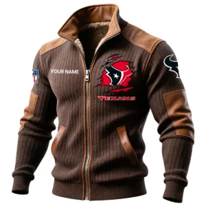 Houston Texans Ribbed Knit Zip-Up Jacket With Leather Accents Custom Name