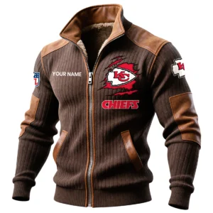 Kansas City Chiefs Ribbed Knit Zip-Up Jacket With Leather Accents Custom Name