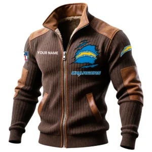Los Angeles Chargers Ribbed Knit Zip-Up Jacket With Leather Accents Custom Name