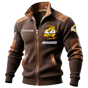Los Angeles Rams Ribbed Knit Zip-Up Jacket With Leather Accents Custom Name