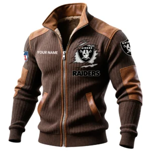 Las Vegas Raiders Ribbed Knit Zip-Up Jacket With Leather Accents Custom Name