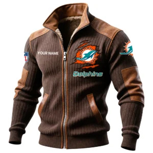 Miami Dolphins Ribbed Knit Zip-Up Jacket With Leather Accents Custom Name