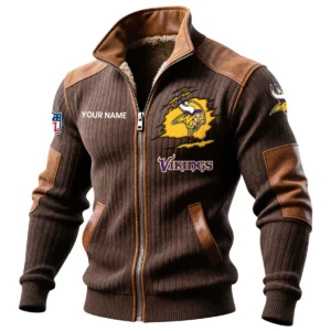 Minnesota Vikings Ribbed Knit Zip-Up Jacket With Leather Accents Custom Name