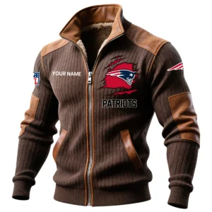 New England Patriots Ribbed Knit Zip-Up Jacket With Leather Accents Custom Name