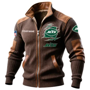 New York Jets Ribbed Knit Zip-Up Jacket With Leather Accents Custom Name