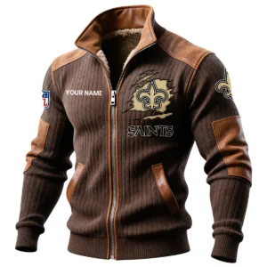 New Orleans Saints Ribbed Knit Zip-Up Jacket With Leather Accents Custom Name