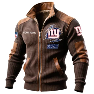 New York Giants Ribbed Knit Zip-Up Jacket With Leather Accents Custom Name