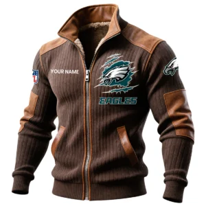 Philadelphia Eagles Ribbed Knit Zip-Up Jacket With Leather Accents Custom Name