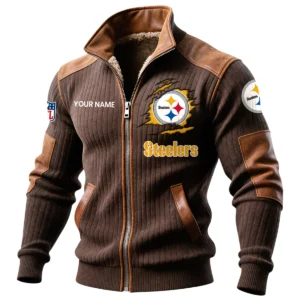 Pittsburgh Steelers Ribbed Knit Zip-Up Jacket With Leather Accents Custom Name