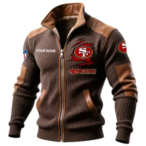 San Francisco 49ers Ribbed Knit Zip-Up Jacket With Leather Accents Custom Name