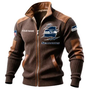 Seattle Seahawks Ribbed Knit Zip-Up Jacket With Leather Accents Custom Name