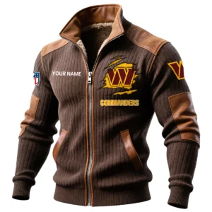 Washington Commanders Ribbed Knit Zip-Up Jacket With Leather Accents Custom Name