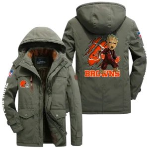 Cleveland Browns Windproof Jacket Hooded, Thick Fleece Lined Multiple Pockets Custom Name