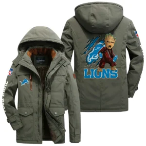 Detroit Lions Windproof Jacket Hooded, Thick Fleece Lined Multiple Pockets Custom Name