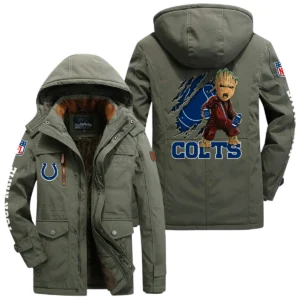 Indianapolis Colts Windproof Jacket Hooded, Thick Fleece Lined Multiple Pockets Custom Name