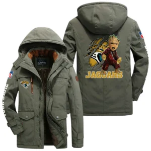 Jacksonville Jaguars Windproof Jacket Hooded, Thick Fleece Lined Multiple Pockets Custom Name