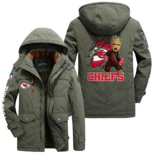 Kansas City Chiefs Windproof Jacket Hooded, Thick Fleece Lined Multiple Pockets Custom Name