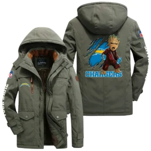 Los Angeles Chargers Windproof Jacket Hooded, Thick Fleece Lined Multiple Pockets Custom Name