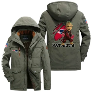 New England Patriots Windproof Jacket Hooded, Thick Fleece Lined Multiple Pockets Custom Name