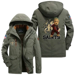 New Orleans Saints Windproof Jacket Hooded, Thick Fleece Lined Multiple Pockets Custom Name