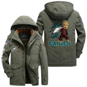 Philadelphia Eagles Windproof Jacket Hooded, Thick Fleece Lined Multiple Pockets Custom Name