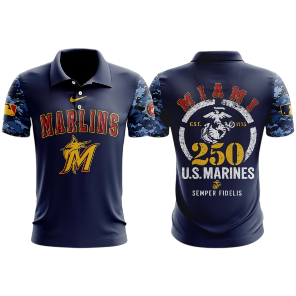 Miami Marlins x US Marine Semper Fidelis 250th Birthday 3D Polo Limited 2026 Miami Marlins x US Marine Semper Fidelis 250th Birthday 3D Polo Limited 2026