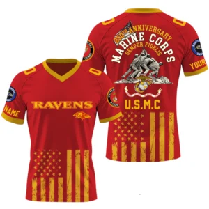 Baltimore Ravens x US Marine Corps 250th Anniversary V-Neck Short Sleeve Jersey 3D Limited 2026 Custom Name & Number