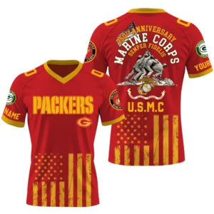 Green Bay Packers x US Marine Corps 250th Anniversary V-Neck Short Sleeve Jersey 3D Limited 2026 Custom Name & Number