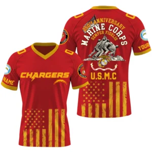 Los Angeles Chargers x US Marine Corps 250th Anniversary V-Neck Short Sleeve Jersey 3D Limited 2026 Custom Name & Number