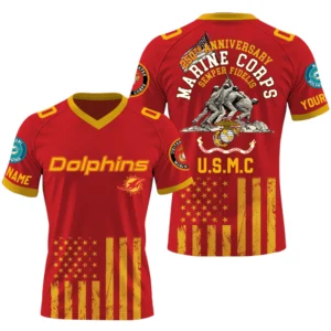 Miami Dolphins x US Marine Corps 250th Anniversary V-Neck Short Sleeve Jersey 3D Limited 2026 Custom Name & Number