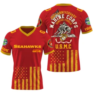 Seattle Seahawks x US Marine Corps 250th Anniversary V-Neck Short Sleeve Jersey 3D Limited 2026 Custom Name & Number