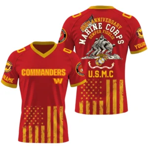 Washington Commanders x US Marine Corps 250th Anniversary V-Neck Short Sleeve Jersey 3D Limited 2026 Custom Name & Number