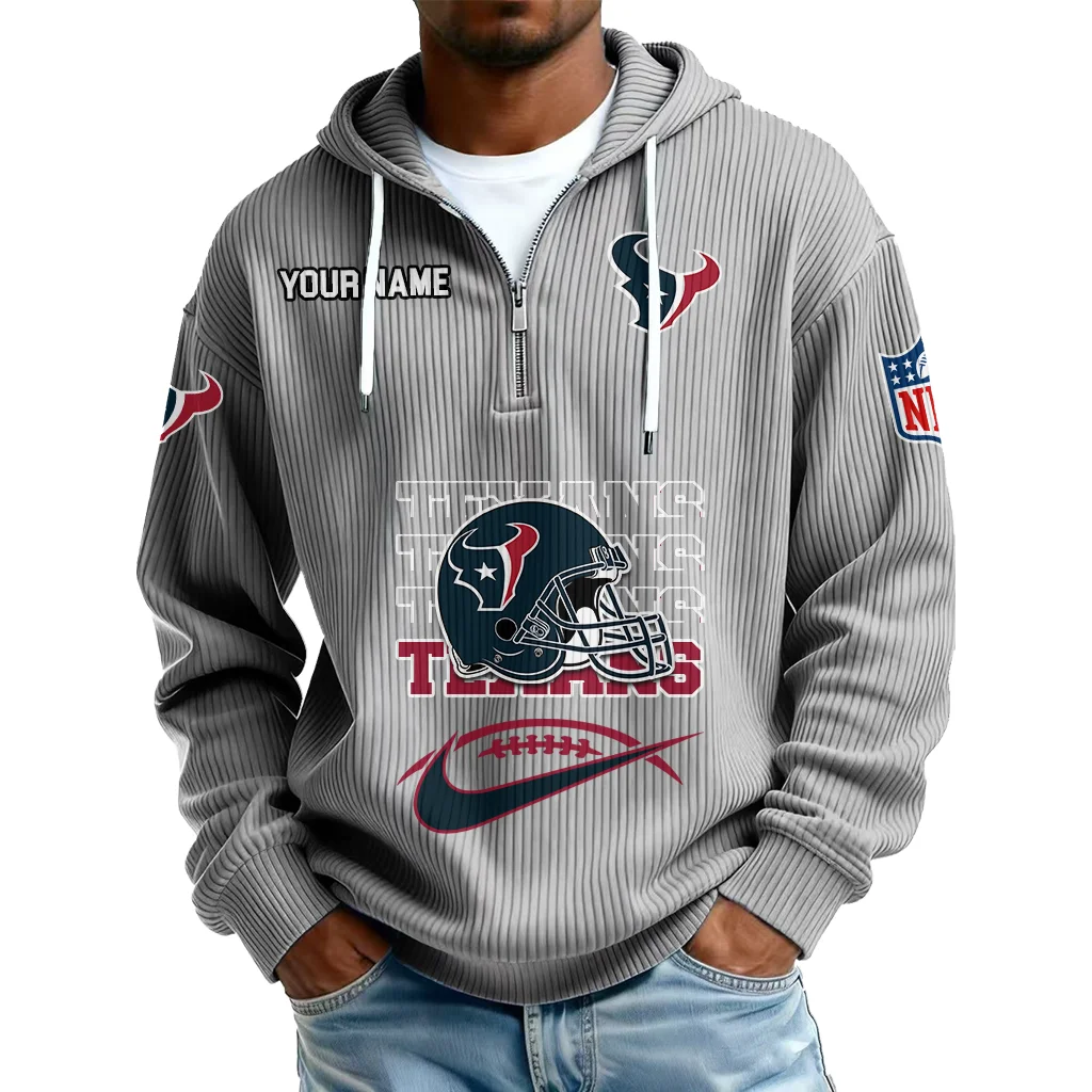 Houston Texans Men's Corduroy Quarter-Zip Hoodie Customize Name Houston Texans Men's Corduroy Quarter-Zip Hoodie Customize Name