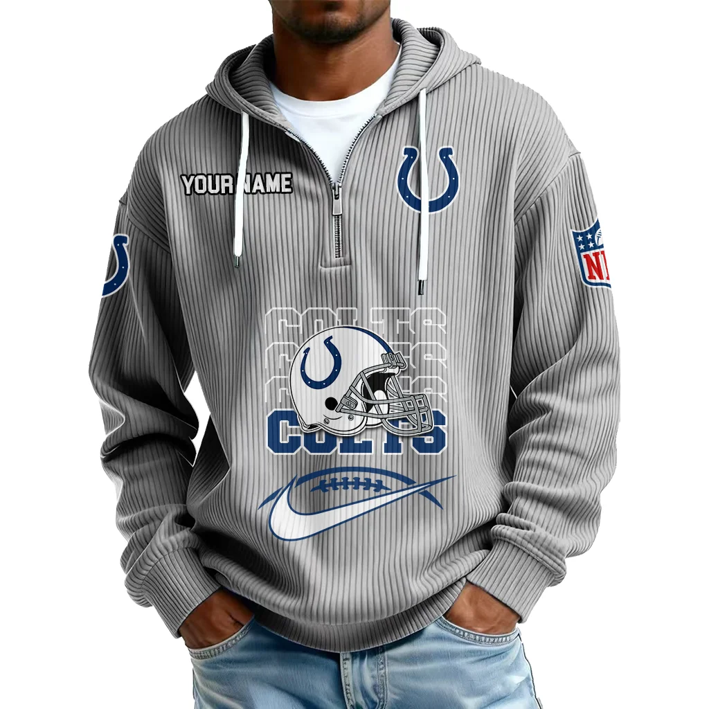 Indianapolis Colts Men's Corduroy Quarter-Zip Hoodie Customize Name Indianapolis Colts Men's Corduroy Quarter-Zip Hoodie Customize Name