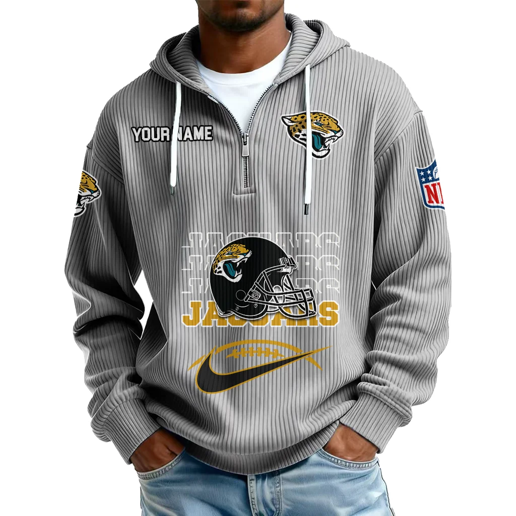 Jacksonville Jaguars Men's Corduroy Quarter-Zip Hoodie Customize Name Jacksonville Jaguars Men's Corduroy Quarter-Zip Hoodie Customize Name